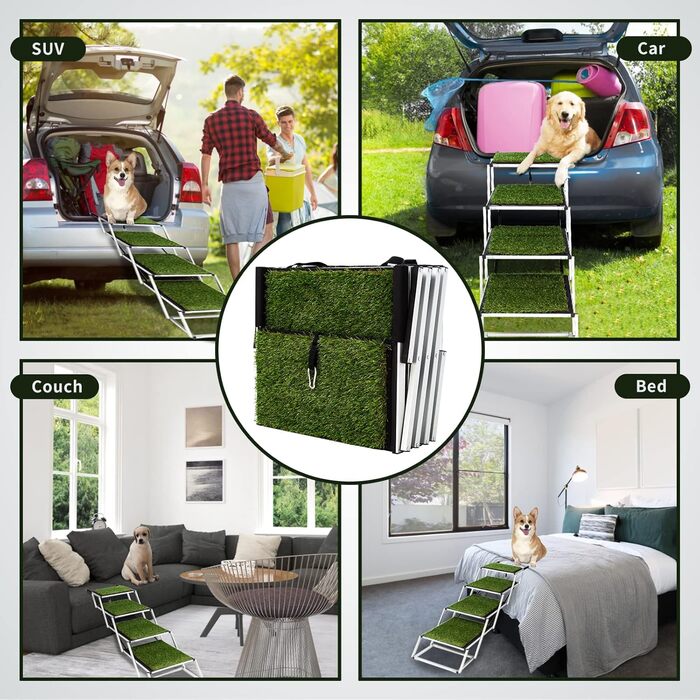 Складні сходинки для собак великих порід, портативні сходи для домашніх тварин з антиковзким покриттям, легкі сходи для собак у автомобілі, SUV, вантажівці. Сходи для собак великих порід до 80 кг (Extra Wide, 5 сходинок з травою)