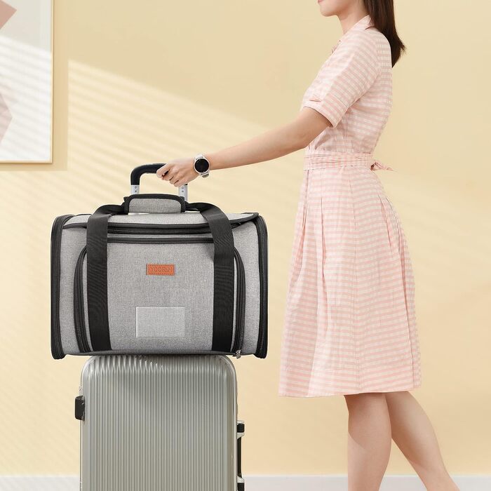 Сумка-переноска для собак та котів YOOFAN, сіра. Знімна підстилка, миска для корму, підходить для перевезень літаком