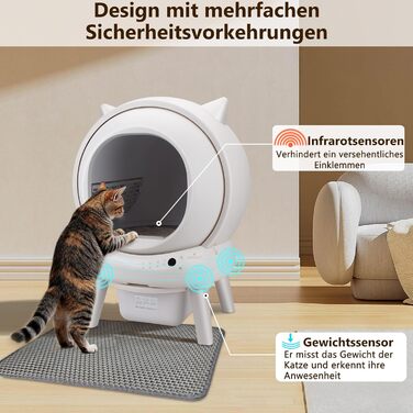 Автоматичний лоток для котів Katzenklo Selbstreinigend 73L з додатком, датчиками безпеки, захистом від запаху та моніторингом здоров'я. Підходить для кількох котів. Коврик для котячого туалету в комплекті. Колір: сірий.