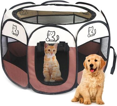 Клітка-вольєр для цуценят та тварин, 74x74x43 см, для собак, котів, кроликів та дрібних тварин, для використання в приміщенні та на вулиці (колір коричневий, восьмикутна)