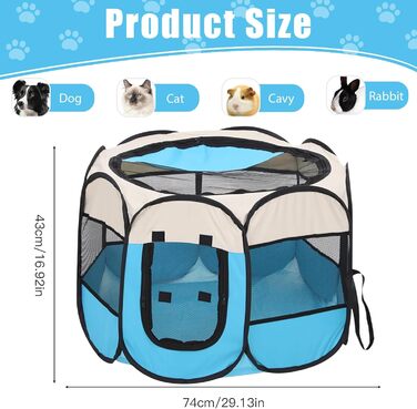 Складана переносна вольєр для цуценят та собак, 74x74x43 см, водовідштовхувальне полотно Oxford, вольєр для собак, клітка для котів та собак, кроликів (Блакитний, 8, M)