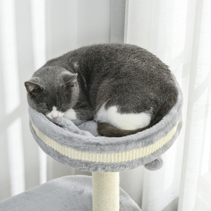 Кігтеточка PawHut Cat з 2 отворами, мотузковий стовпчик з сизалю, кілька платформ, м'яка плюшева та м'ячова іграшка, сіра 59x35x100 см