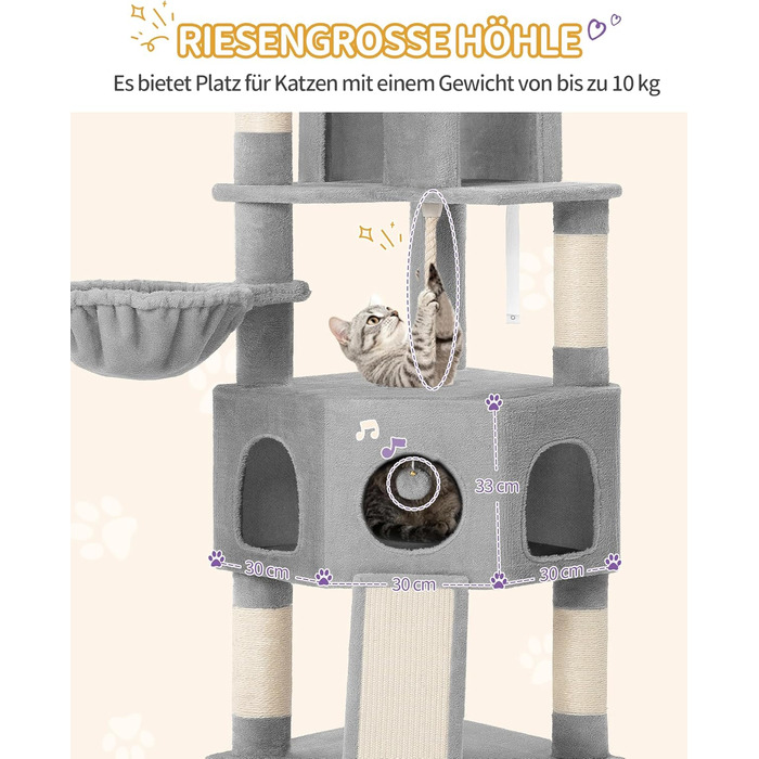 Кігтеточка для котів Hzuaneri, 174 см, XL, 2 платформи, 2 печери, 4 стовпчики, дошка для шліфування кігтів, мотузка з сизалю, плюшеві кульки, сірий колір, для кількох котів MS17418LG