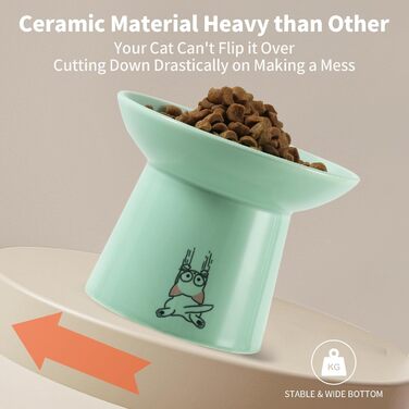 Керамічна миска для котів OMAYKEY з широким дном, 16,5 см, піднята миска для їжі та води, широка, плоска миска для котячого корму, захист від чутливості вусів, втоми, підтримка хребта, зелено-білий колір