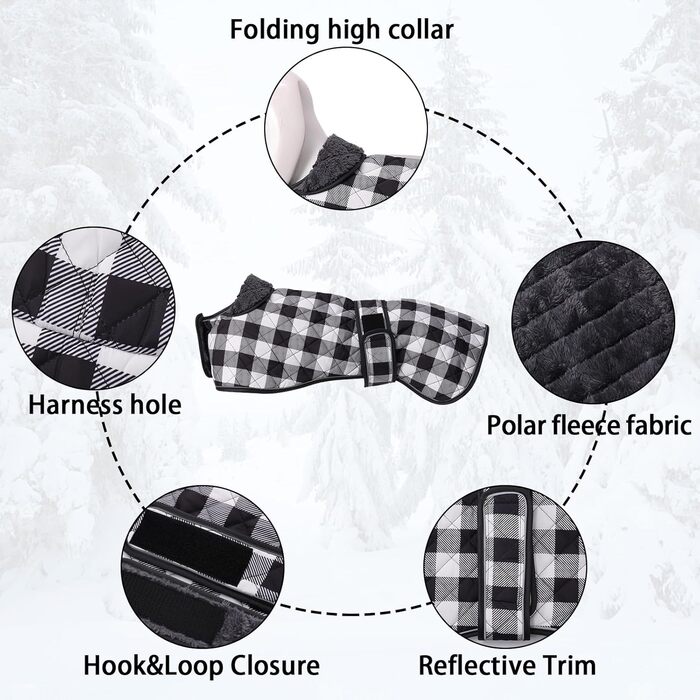 Водонепроникний теплий зимовий одяг для собак породи Віндгаунд/Вайппет/Лурчер, з флісовою підкладкою, регульований, розмір S (довжина спини 51-53 см), в клітинку, чорний