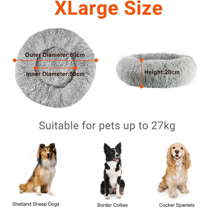 OKPOW Крісло-лежанка для собак та котів, велике, миється, антистрес, затишне, м'яке, плюшеве, для цуценят та кошенят, кругле, супер м'яке, пухнасте, сіре, X-Large, 80 см