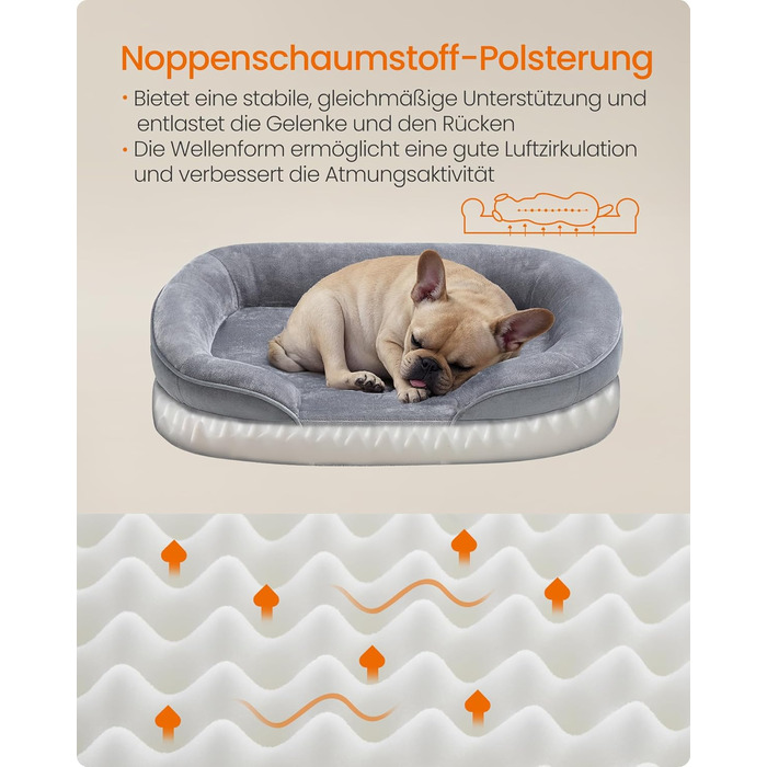 Ліжко для собак Feandrea, ортопедичне, 76x51x18 см, сірого кольору, з водовідштовхувальним шаром, знімний чохол