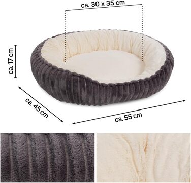 Квіткове ліжко для котів Wallace & Jones Cameron - овальне, м'яке, антиковзне, антрацит-бежеве, розмір S, 55 x 45 x 17 см
