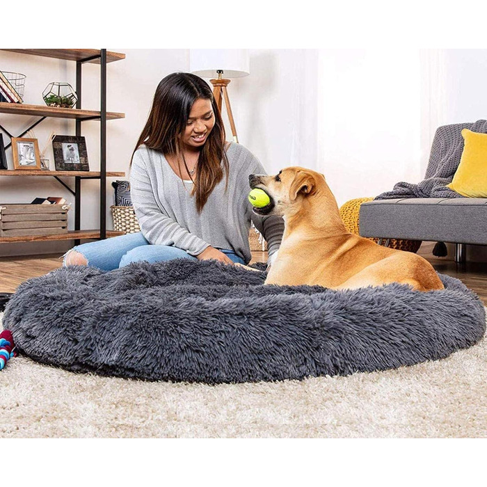 Ортопедична лежанка для собак XL: м'яка, кучерява, з пам'яті ефекту, овальна, для великих, середніх собак. Лежанка-софа Donut, темна сіра.