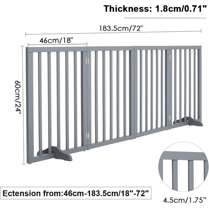 Захисне ґратка для собак Fellie, дерев'яне, без свердління, сірий, 4 панелі (183x60 см)
