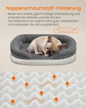 Feandrea лежанка для собак, ортопедична, 76 x 51 x 18 см, сірий колір, для середніх собак, знімний, водонепроникний чохол, протиковзна
