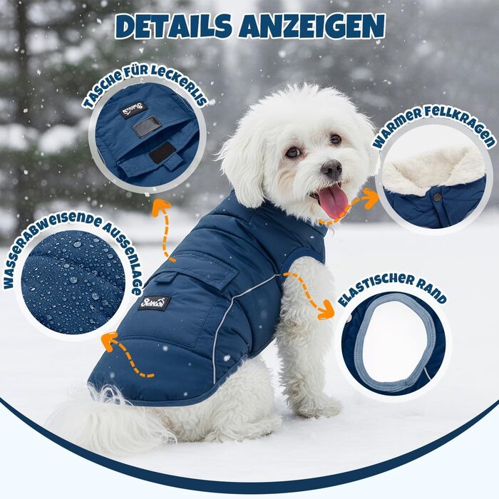 Зимовий одяг для собак LowTon Hund: тепла куртка з флісовою підкладкою, світловідбиваючими смугами та кишенями, водовідштовхуюча, для маленьких та середніх собак (темно-синій, XXL)