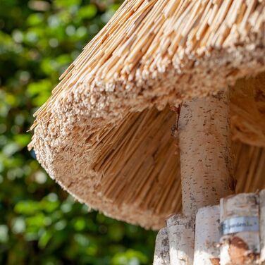 Дерев'яний годівничка для птахів VOSS.garden XL Föhr з очеретяним дахом, натуральна береза, велика кормова платформа 50 см, будиночок для годування птахів