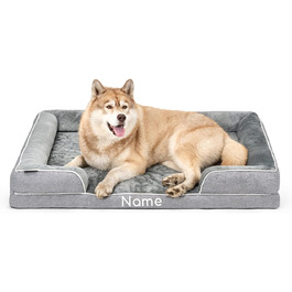 Ортопедичне ліжко для собак Lionto з піднятим бортиком, 89x63x17 см, м'яке крісло для собак з фланнелю, знімний та пральний чохол, неслизьке, для маленьких та великих собак та котів, сіре (з нанесенням імені)