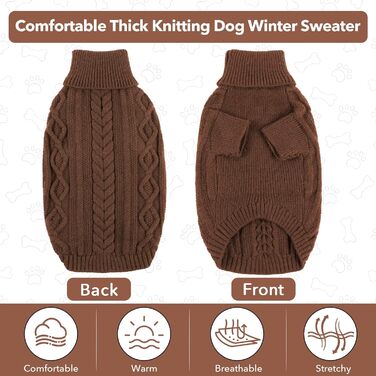 Теплий зимовий пуловер для собак Lelepet з коміром-горловиною, святковий пуловер для холодної погоди, м'який в'язаний одяг для собак, коричневий, розмір S