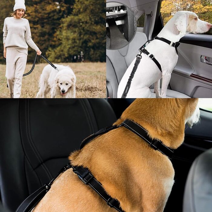 Авторемні для собак, 2 шт., шлейка для автомобіля, регульовані еластичні авторемні для собак, аксесуари для подорожей з домашніми тваринами, підходять для малих, середніх та великих собак (чорний)