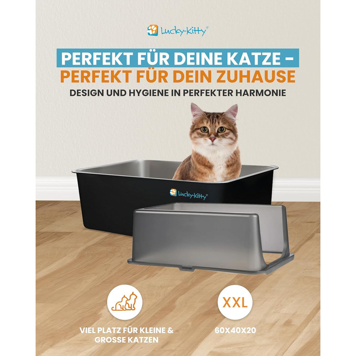 Котлочистка Lucky-Kitty Edelstahl 60x40x20 см з кришкою | XXL, не пропускає запахи, чорна | Котлочистка для котів, не витікає