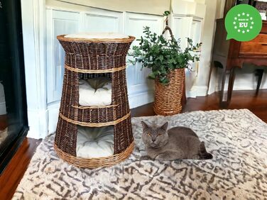 Корзина для котів для сну - котяча хатинка для дому - розмір 43 x 49 x 70 см, кругла - котяча печера з лози, трирівневе ліжко для собак або котів з пральним подушками в кольорі слонова кістка - лакована корзина з бежевими подушками