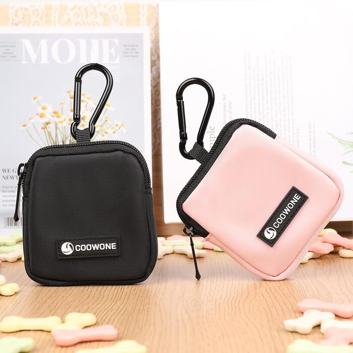 Сумка для ласощів для собак COOWONE з тренувальним клікером, водонепроникна, з карабіном, для прогулянок, утримувач для пакетів, чорний + рожевий