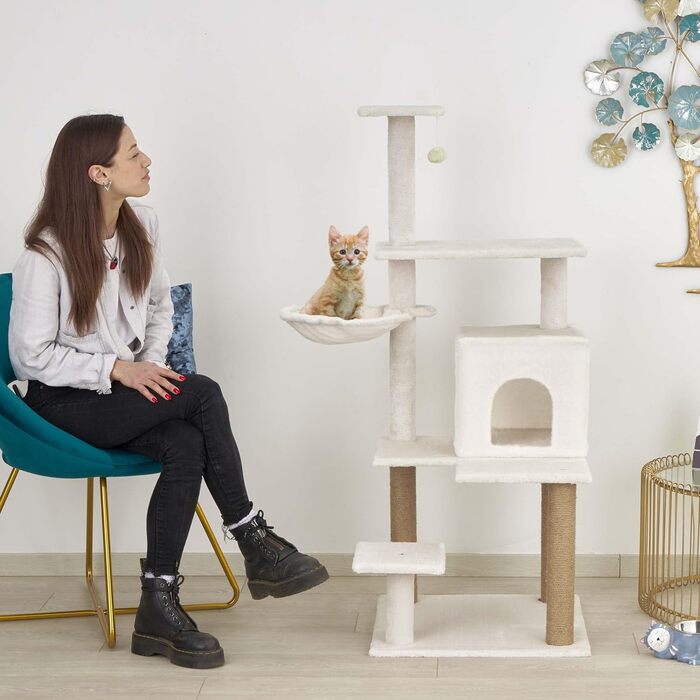 Baroni Home Когтеточка для котів та кошенят, 4-рівнева з іграшковим м'ячем, гамаком і прямокутним будиночком, 75x55x125 см, кремова