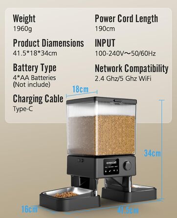 Автоматична годівниця для котів oneisall 5L з двома мисками, Wi-Fi (5G/2.4G), управління через додаток, з нержавіючої сталі, голосовий записувач
