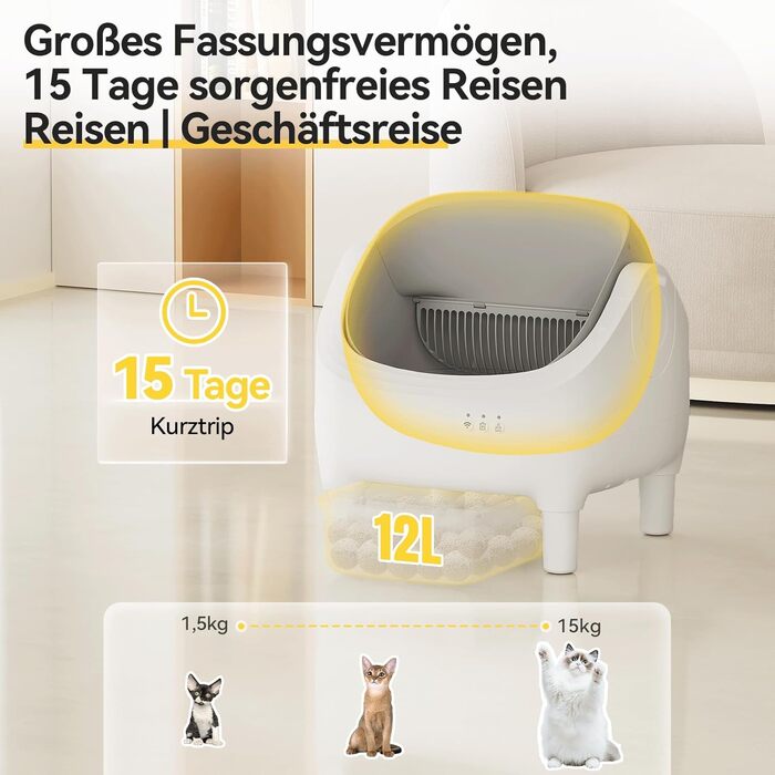 Автоматичний лоток для котів Devoko з керуванням через додаток, для котів до 15 кг, відкритий дизайн, легкий у прибиранні, великий, зручний для котів, ємність на 15 днів