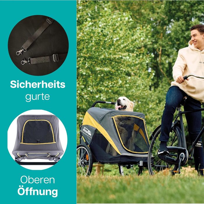 Візок для собак Innopet Hercules 2-в-1 (також велосипедний причіп) жовто-сірий - до 50 кг, з перетворювачем та дощовим покривом, внутрішні повідки, повітряні колеса 45 см