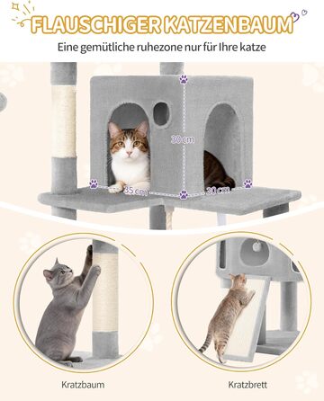 Кігтеточка для котів Hzuaneri, 174 см, XL, 2 платформи, 2 печери, 4 стовпчики, дошка для шліфування кігтів, мотузка з сизалю, плюшеві кульки, сірий колір, для кількох котів MS17418LG