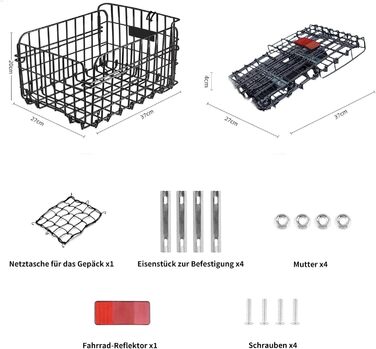 Задній велосипедний кошик W&H складний, великий металевий, з аксесуарами для монтажу, сіткою та відбивачем. Підходить для собак, покупок, пікніків