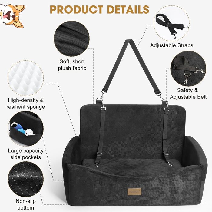 Автокрісло для собак JOEJOY - велике, для середніх та 2 маленьких собак до 25 кг, знімний чохол, Memory Foam, з ременями безпеки