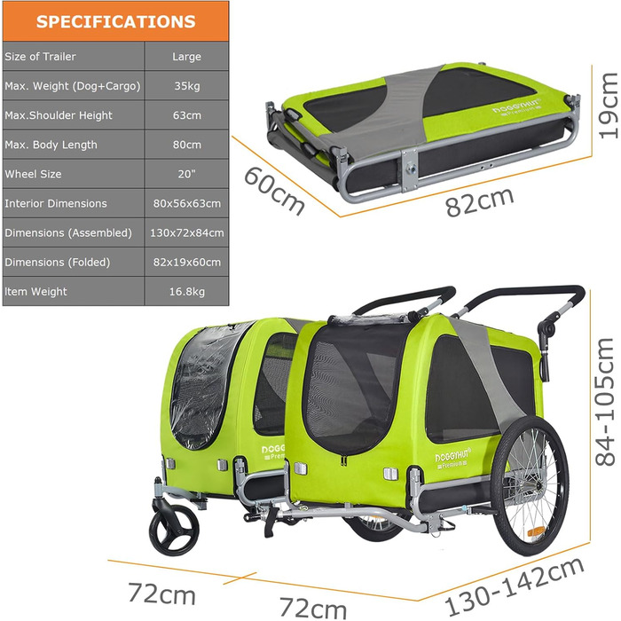 DOGGYHUT® Преміум великий велосипедний причіп для собак 2 в 1, буксир для собак, біговий причіп для собак, великий об'єм 270 літрів, для середніх та великих собак до 35 кг, зелений / чорний