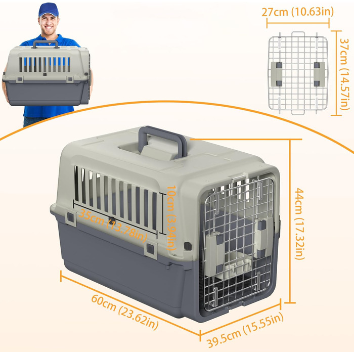 Транспортна коробка для котів NAIZY 60x39,5x44 см з металевими дверцятами, вентиляційними вікнами, ручкою, підходить для подорожей, авіаперевезень, витримує до 9 кг, у комплекті пелюшки та миски