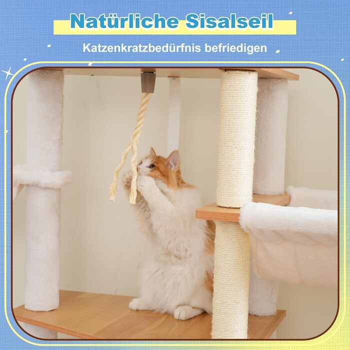 Дерев'яний кігтеточки Hey-brother Holz Kratzbaum 184 см для великих котів, багатоярусний, зі стійкою платформою, кошиком, будиночком, щіткою та драбиною, Noyer EMPJ121WB