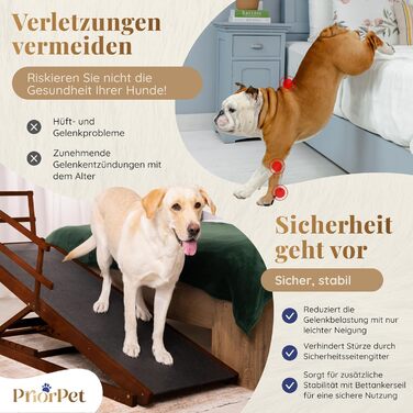 Східці для собак до ліжка з поручнями - для великих собак до 90 кг - регульована висота до 94.5 см - ширина 49,5 см - складані - антиковзні ручки - береза - натуральний колір (волоський горіх)