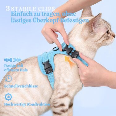 Шлейка для котів rabbitgoo з повідцем, анти-втеча, м'яка, зручна, світловідбиваюча, чорна (S, блакитна)