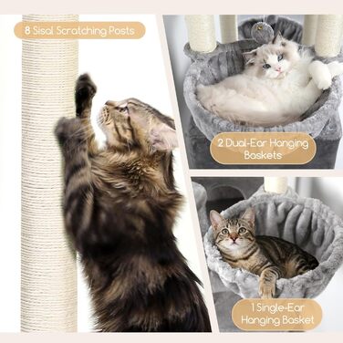 Комплекс для котів Globlazer XXL 209 см з 2 будиночками, великою платформою, 3 кошиками, ситцевими стійками, 8 стовпчиками з сизалю. Стабільний комплекс для котів Globlazer (S82, сірий)