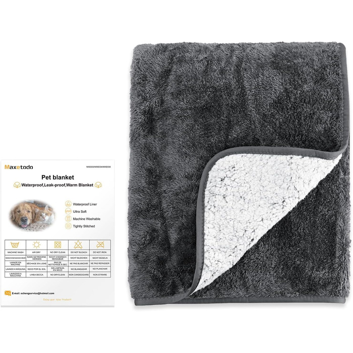 Водонепроникний килимок для собак 100x120 см (40x47 дюймів) - м'який, пухнастий, машинного прання, для собак середніх порід до 16 кг, чорно-білий, для дому та вулиці