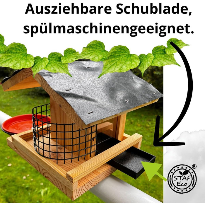 Годівниця для птахів на балкон Vogelfutterhaus, дерев'яна, ручна робота, з кріпленням 30–60 мм, для садових і диких птахів, натуральна, водостійка