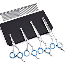 Набір професійних ножиць для собак з безпечними округлими кінчиками, нержавіюча сталь. Ножиці для грумінгу та догляду за шерстю собак та котів. Синій колір.