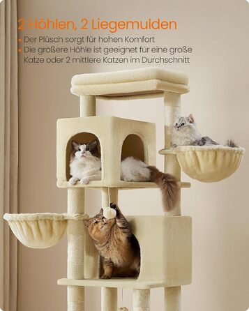 Дерев'яний будиночок для котів Feandrea, 175 см, XL, багатоярусний, з 2 будиночками, 2 лежаками, 5 стовпчиками для шліфування, щіткою для котів, великою платформою, пісочно-бежевий