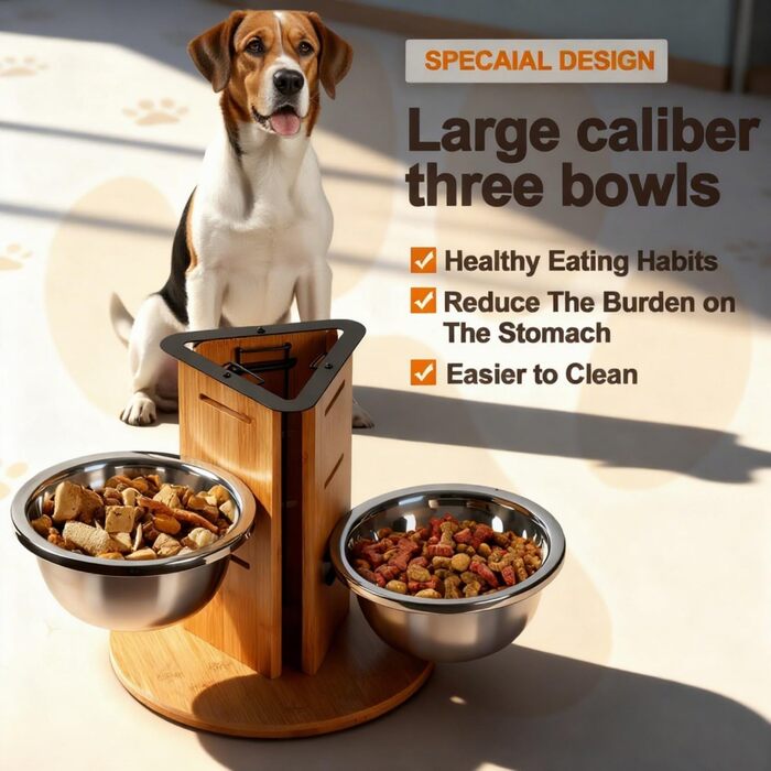Підвищений годівниця для великих собак, регульована висота, 3 миски з нержавіючої сталі 1400 мл, годівниця-станція на 3 сторони, підставка для собак з дерева та срібла