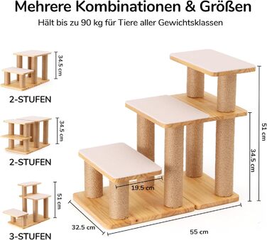 Сходинка для собак FUKUMARU, 3 сходинки, з дерева та джуту, регульована висота 18-51 см, вантажопідйомність до 90 кг, сірий колір