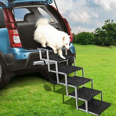 Сходинка для собак у автомобіль - широка, складна, з антиковзким покриттям, для авто, SUV, вантажівок, підтримує до 113 кг (6 сходинок, срібна)