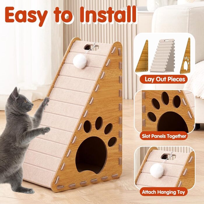 Кігтеточка для котів 3-в-1: дерев'яно-фетрова стінка, ліжко, пандус та іграшки, коричнева