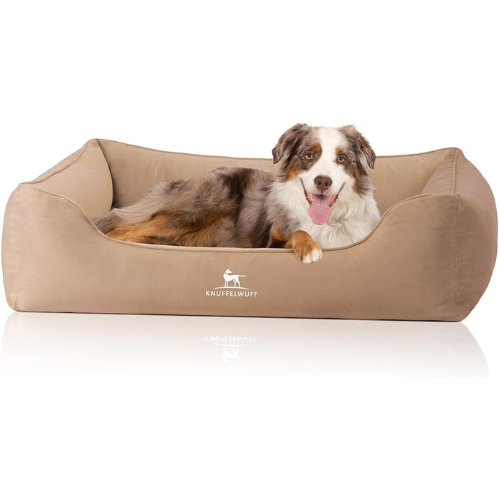Ортопедичне ліжко для собак Knuffelwuff Jona Samt XXL Camel | З піною з пам'яті | Знімний та пральний чохол | Для маленьких, середніх та великих собак | 120 x 85 x 25 см