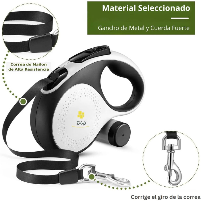 Висувна поводок для собак, 3 м, для малих, середніх та великих собак, ергономічна ручка, до 15 кг, білий, S