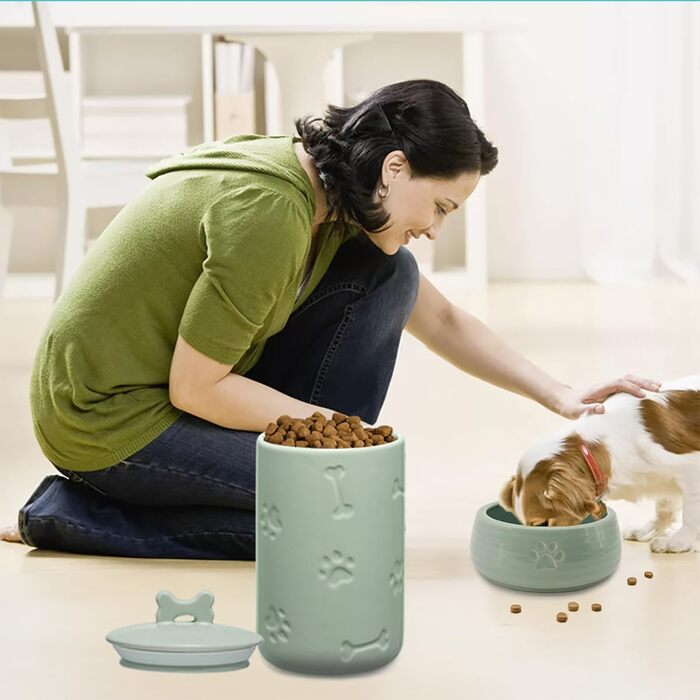 Керамический герметичный контейнер для лакомств собак и кошек, большая банка для корма с крышкой в деревенском стиле, 22.9 x 12.7 см, зеленый