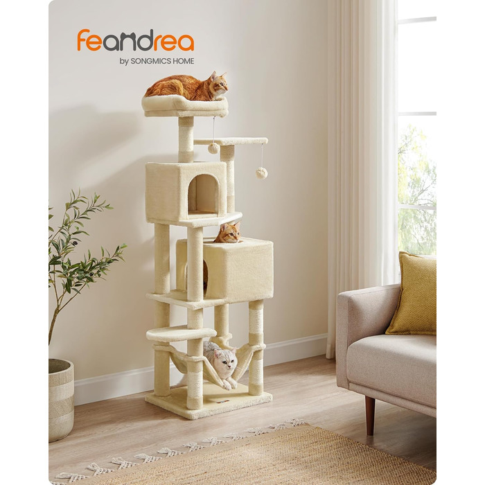 Котячий комплекс Feandrea 155 см, багаторівневий, 5 стовпчиків, 2 платформи, 2 будиночки, гамак, іграшки, плюш, світло-сірий