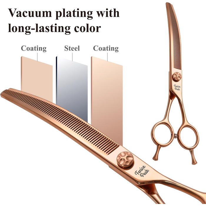 Професійна ножиця для грумінгу собак Fenice Peak, вигнута, 17.8 см, з надгострими лезами з 440C сталі, довговічна, плавне різання для собак та котів (рожеве золото)