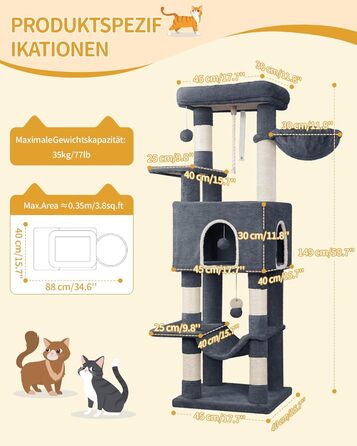 Дерево для котів Hzuaneri Kratzbaum 149 см з 5 стовпчиками для шліфування, платформами, печереєю, багатоярусне котяче ігрове дерево, помпонами, MS14918LG (темно-сірий)
